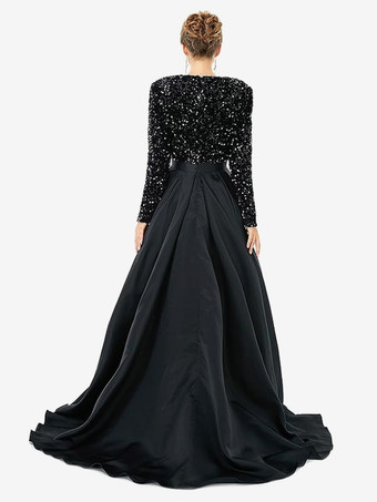 イブニングドレス ボールガウン Vネック トレーン付き 長袖 ジッパー スリットフロント サテン生地 フォーマルパーティードレス