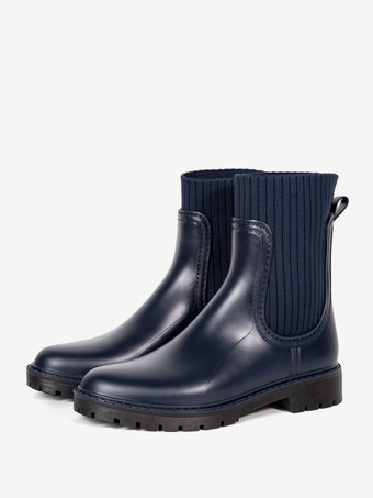 ダークネイビーレディース レインブーツ ブラック ラウンドトゥ 防水 チェルシーブーツ