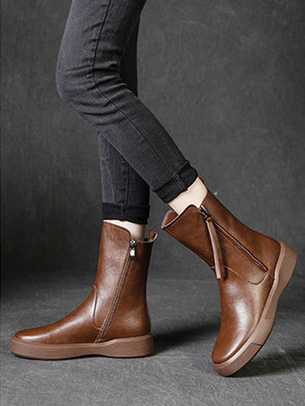 レディース ブラック アンクルブーツ ラウンドトゥ ジップアップ ブーティ