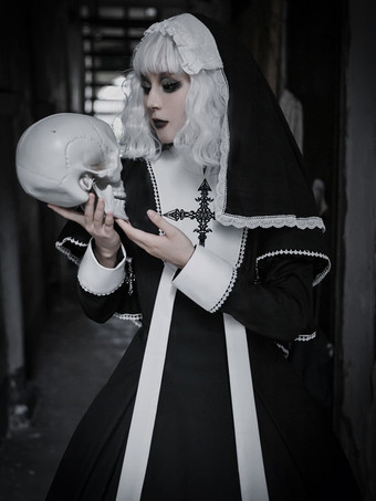   ゴシック ロリータ ドレス フリル クロス カラーブロック ブラック ブラック