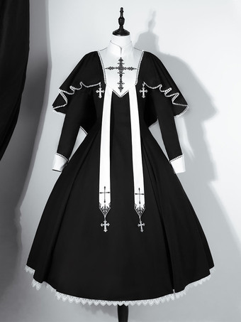   ゴシック ロリータ ドレス フリル クロス カラーブロック ブラック ブラック