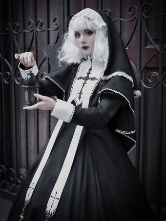   ゴシック ロリータ ドレス フリル クロス カラーブロック ブラック ブラック