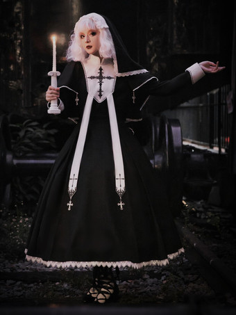   ゴシック ロリータ ドレス フリル クロス カラーブロック ブラック ブラック