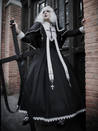   ゴシック ロリータ ドレス フリル クロス カラーブロック ブラック ブラック