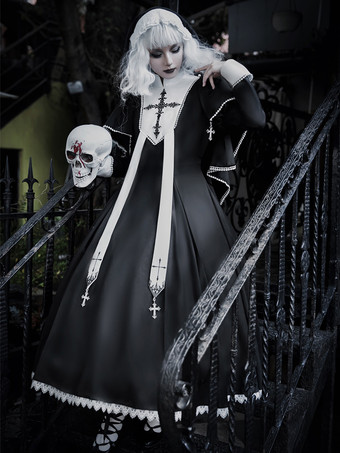   ゴシック ロリータ ドレス フリル クロス カラーブロック ブラック ブラック