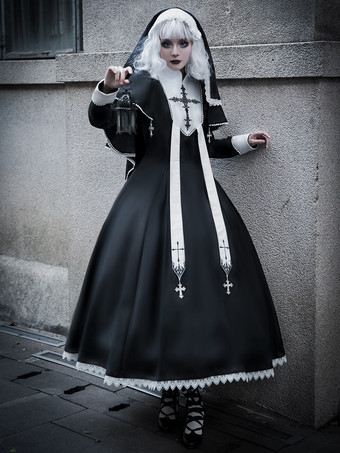 ブラック   ゴシック ロリータ ドレス フリル クロス カラーブロック ブラック ブラック
