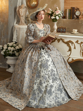 ライトグレー レトロコスチューム ポリエステルドレス レディース ロイヤル マリー アントワネット コスチューム 18世紀コスチューム