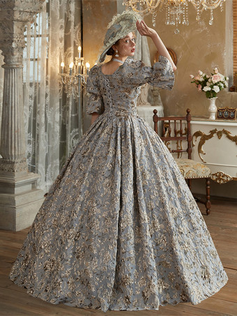 ライトグレー レトロコスチューム ポリエステルドレス レディース ロイヤル マリー アントワネット コスチューム 18世紀コスチューム