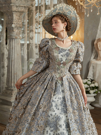 ライトグレー レトロコスチューム ポリエステルドレス レディース ロイヤル マリー アントワネット コスチューム 18世紀コスチューム