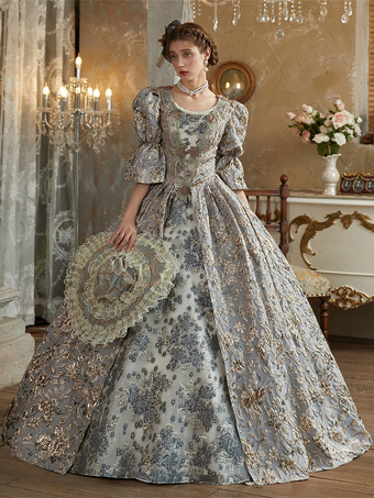 ライトグレー レトロコスチューム ポリエステルドレス レディース ロイヤル マリー アントワネット コスチューム 18世紀コスチューム