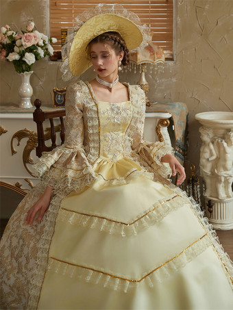 黄色のレトロコスチューム フリル ポリエステルドレス レディース バロックスタイル マリーアントワネットコスチューム ヴィンテージ クロージング