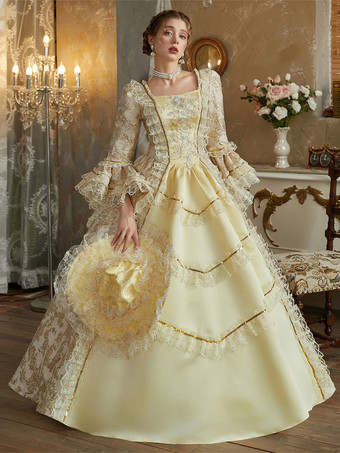 黄色のレトロコスチューム フリル ポリエステルドレス レディース バロックスタイル マリーアントワネットコスチューム ヴィンテージ クロージング