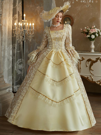 黄色のレトロコスチューム フリル ポリエステルドレス レディース バロックスタイル マリーアントワネットコスチューム ヴィンテージ クロージング