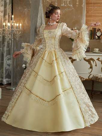 黄色のレトロコスチューム フリル ポリエステルドレス レディース バロックスタイル マリーアントワネットコスチューム ヴィンテージ クロージング
