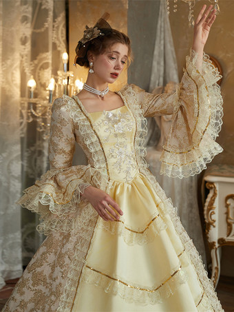 黄色のレトロコスチューム フリル ポリエステルドレス レディース バロックスタイル マリーアントワネットコスチューム ヴィンテージ クロージング