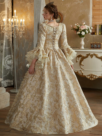 黄色のレトロコスチューム フリル ポリエステルドレス レディース バロックスタイル マリーアントワネットコスチューム ヴィンテージ クロージング