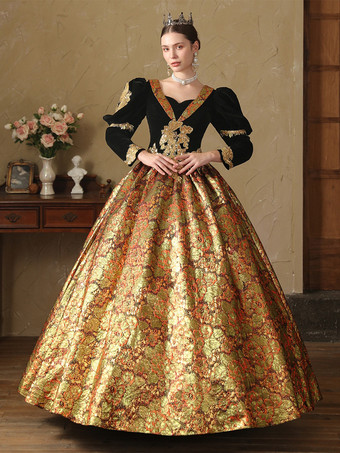 ゴールドレトロコスチュームポリエステルジャカードドレスレディースルネッサンスマリーアントワネットコスチューム18世紀コスチューム