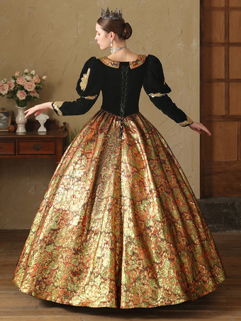 ゴールドレトロコスチュームポリエステルジャカードドレスレディースルネッサンスマリーアントワネットコスチューム18世紀コスチューム