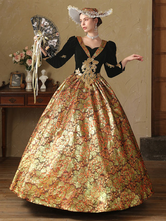 ゴールドレトロコスチュームポリエステルジャカードドレスレディースルネッサンスマリーアントワネットコスチューム18世紀コスチューム