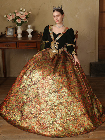 ゴールドレトロコスチュームポリエステルジャカードドレスレディースルネッサンスマリーアントワネットコスチューム18世紀コスチューム