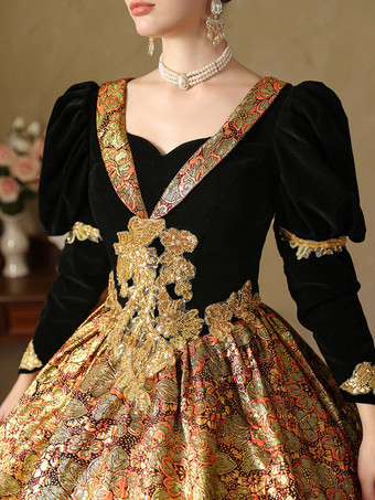 ゴールドレトロコスチュームポリエステルジャカードドレスレディースルネッサンスマリーアントワネットコスチューム18世紀コスチューム