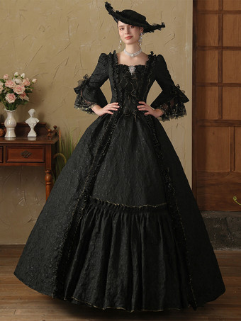 ブラック 黒のレトロコスチューム レディース フリル ポリエステルドレス 英国スタイル マリーアントワネット コスチューム ヴィンテージ クロージング