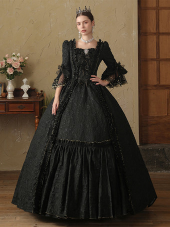 黒のレトロコスチューム レディース フリル ポリエステルドレス 英国スタイル マリーアントワネット コスチューム ヴィンテージ クロージング