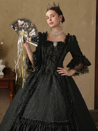 黒のレトロコスチューム レディース フリル ポリエステルドレス 英国スタイル マリーアントワネット コスチューム ヴィンテージ クロージング