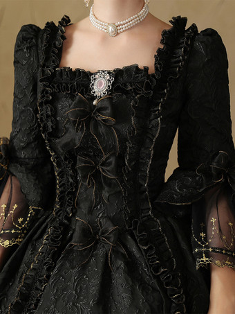 黒のレトロコスチューム レディース フリル ポリエステルドレス 英国スタイル マリーアントワネット コスチューム ヴィンテージ クロージング