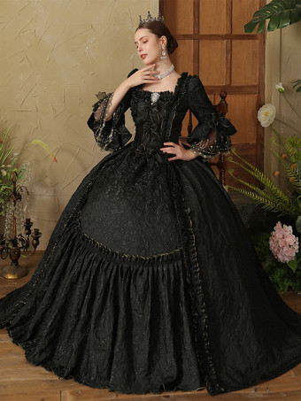 黒のレトロコスチューム レディース フリル ポリエステルドレス 英国スタイル マリーアントワネット コスチューム ヴィンテージ クロージング