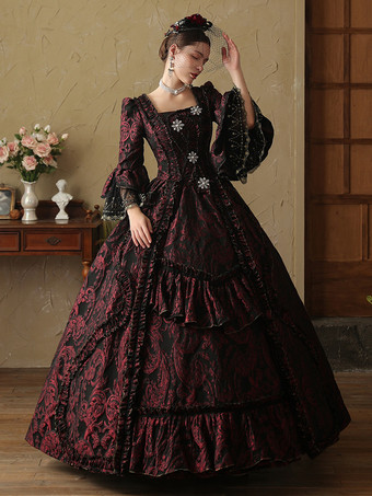 コーヒーブラウン レトロコスチューム フリル マリーアントワネットコスチューム ポリエステルドレス レディース ヨーロピアンスタイル 仮面舞踏会 ドレス