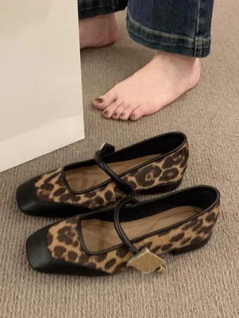 ブラウン レディース バレエ フラット レオパード スクエアトゥ メリージェーン フラットシューズ