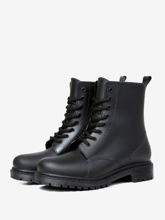 ブラック レディース レインブーツ ブラック ラウンドトゥ レースアップ 防水 アンクルブーツ