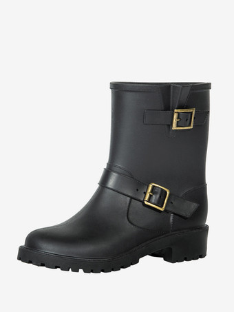 ブラック レディース ブラック レインブーツ ラウンドトゥ バックルディテール 防水 アンクルブーツ