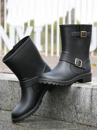 レディース ブラック レインブーツ ラウンドトゥ バックルディテール 防水 アンクルブーツ