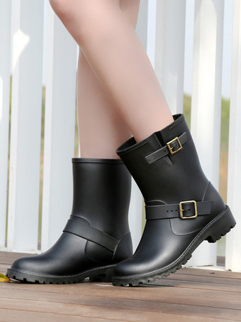レディース ブラック レインブーツ ラウンドトゥ バックルディテール 防水 アンクルブーツ