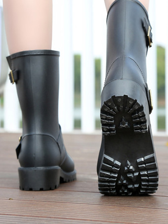 レディース ブラック レインブーツ ラウンドトゥ バックルディテール 防水 アンクルブーツ