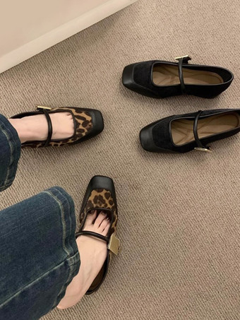 レディース バレエ フラット レオパード スクエアトゥ メリージェーン フラットシューズ