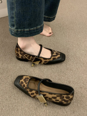 レディース バレエ フラット レオパード スクエアトゥ メリージェーン フラットシューズ