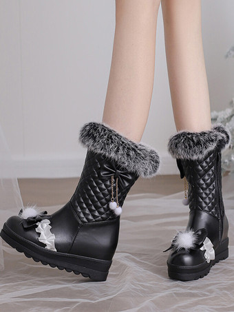 ブラック スイートロリータブーツ PUレザー ラウンドトゥ ピンクロリータフットウェア