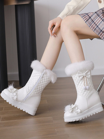 ホワイト スイートロリータブーツ PUレザー ラウンドトゥ ピンクロリータフットウェア