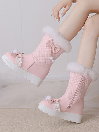 スイートロリータブーツ PUレザー ラウンドトゥ ピンクロリータフットウェア