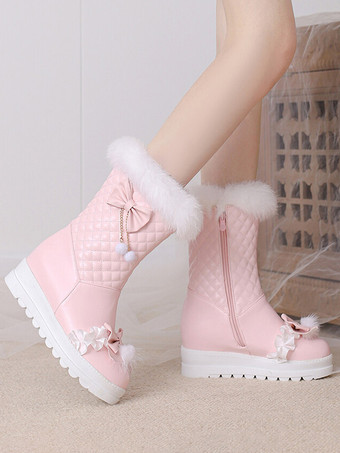 スイートロリータブーツ PUレザー ラウンドトゥ ピンクロリータフットウェア