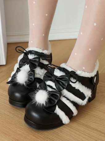 ブラック スイートロリータフットウェア ピンクリボン PUレザー チャンキーヒール ロリータパンプス