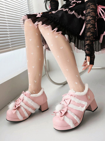 Zapatos de Lolita dulces con lazos rosas de piel sintética y tacón grueso de Lolita