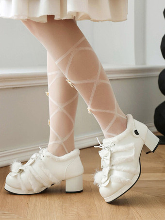 ホワイト スイートロリータフットウェア ピンクリボン PUレザー チャンキーヒール ロリータパンプス