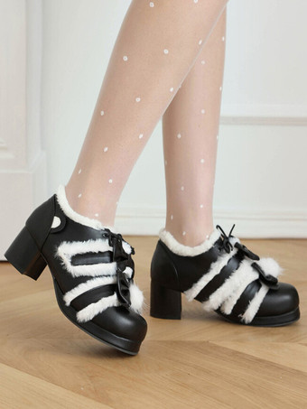 スイートロリータフットウェア ピンクリボン PUレザー チャンキーヒール ロリータパンプス