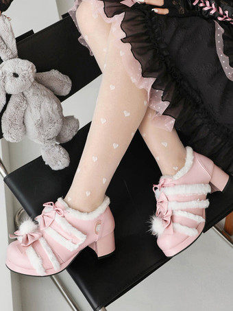 スイートロリータフットウェア ピンクリボン PUレザー チャンキーヒール ロリータパンプス