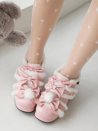 スイートロリータフットウェア ピンクリボン PUレザー チャンキーヒール ロリータパンプス