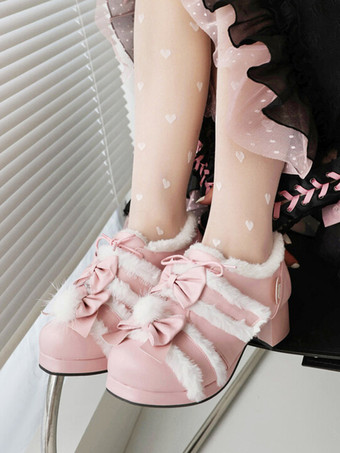 スイートロリータフットウェア ピンクリボン PUレザー チャンキーヒール ロリータパンプス